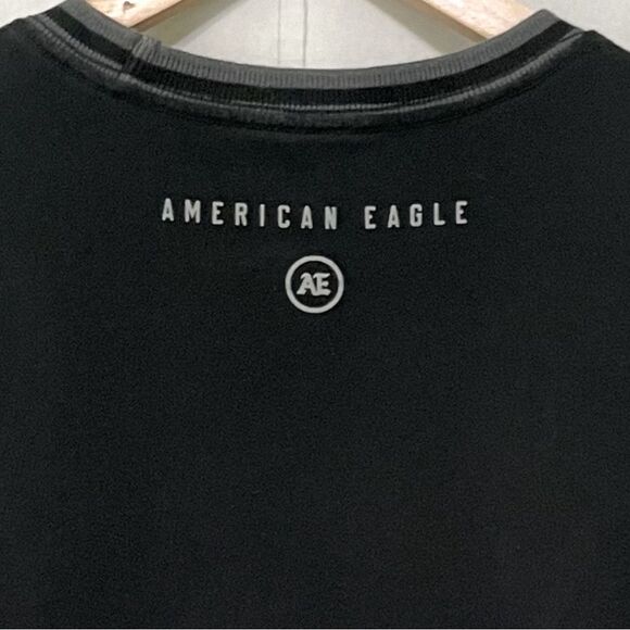 American Eagle Men’s S Standard Fit Solid Black Cotton Stripes On Cuffs Crewneck - Picture 4 of 7